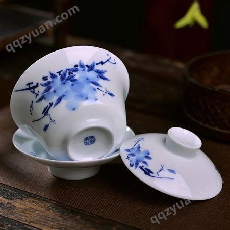 景德镇青花瓷三才盖碗盖杯 陶瓷三才碗茶具家用泡茶器